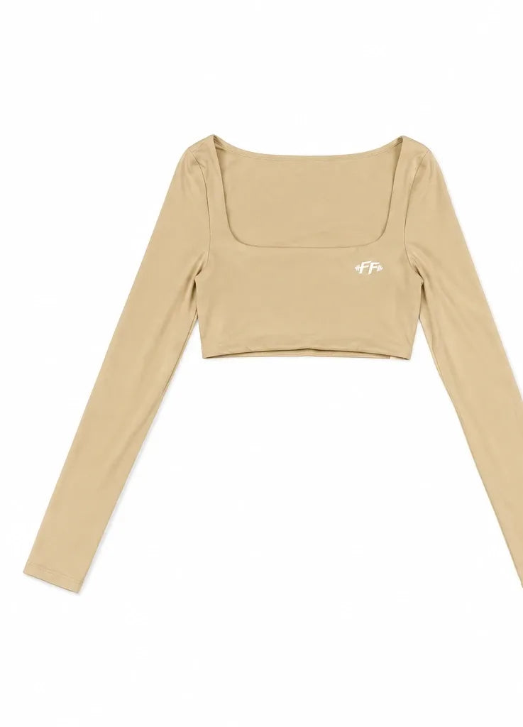 Long-Sleeve Crop Top in Beige